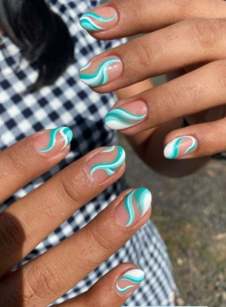 This artistic design channels a luxury resort aesthetic by twisting fluid waves of crisp white, vibrant turquoise, and muted sage green across a bare, negative-space base. The precise, undulating linework creates dynamic movement that mimics rolling ocean waves, making it an exceptionally fresh, abstract option for mid-summer vacations.