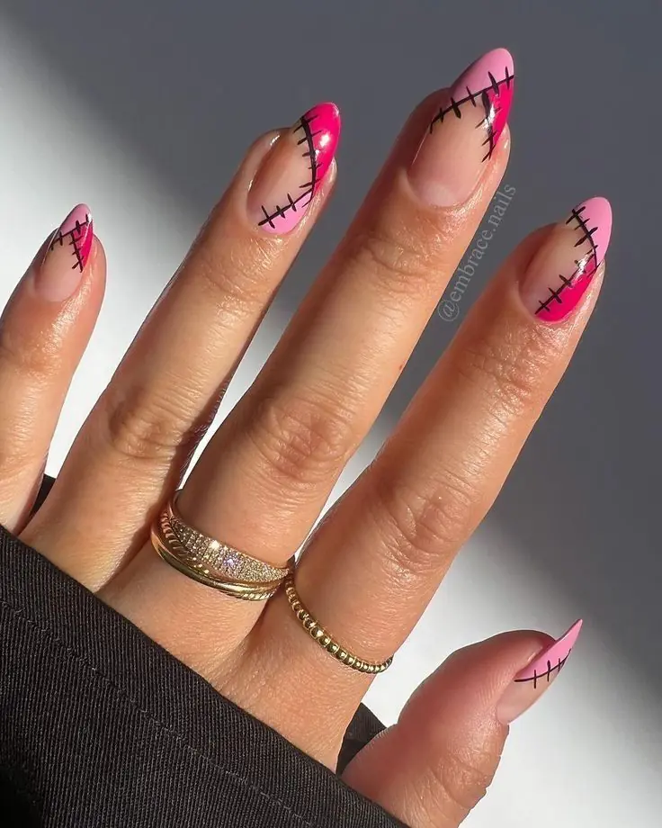 Stitched Pink Halloween Halloween nail ideas 2026