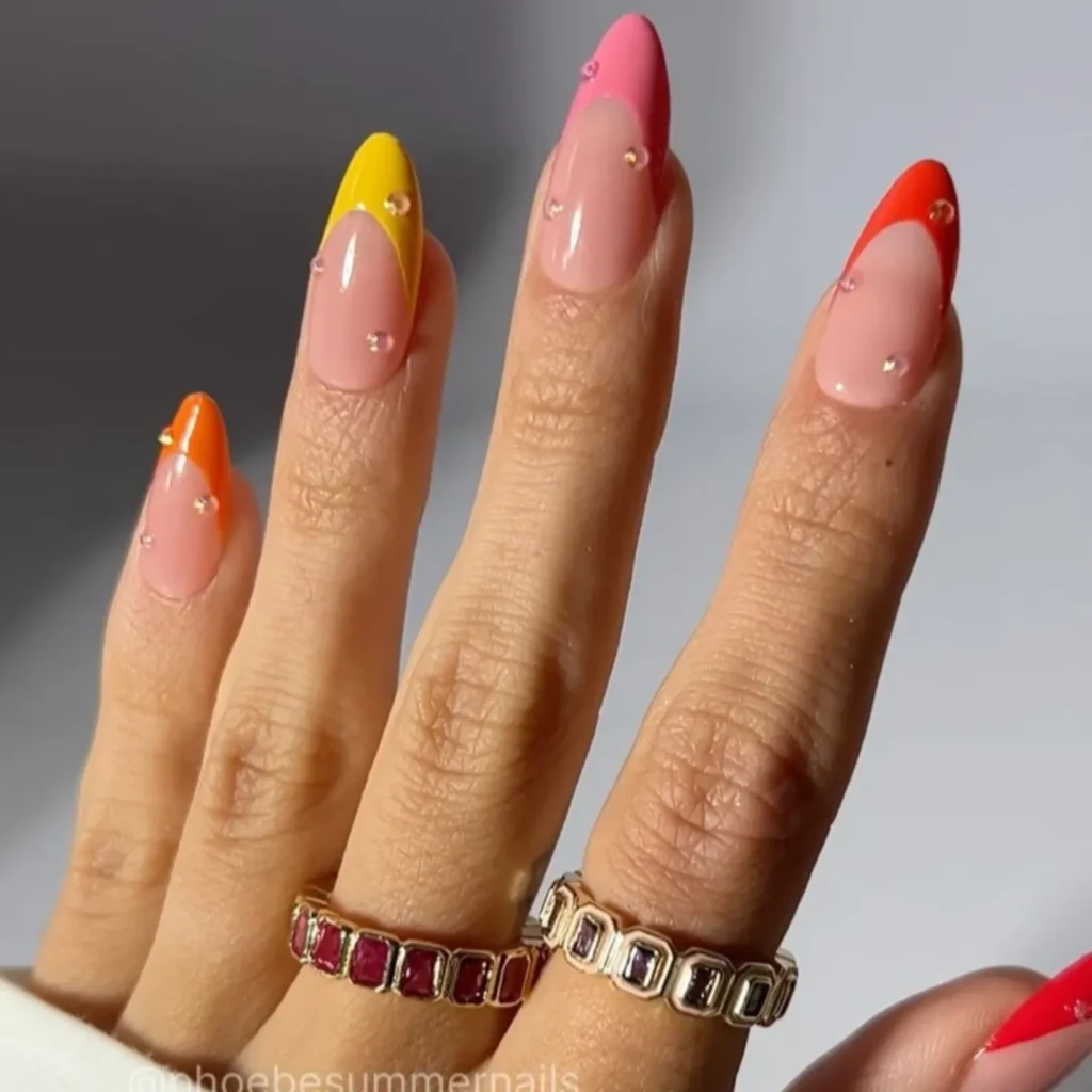 Colorful French tip nails with rhinestones August 2026 nail trend inspiration