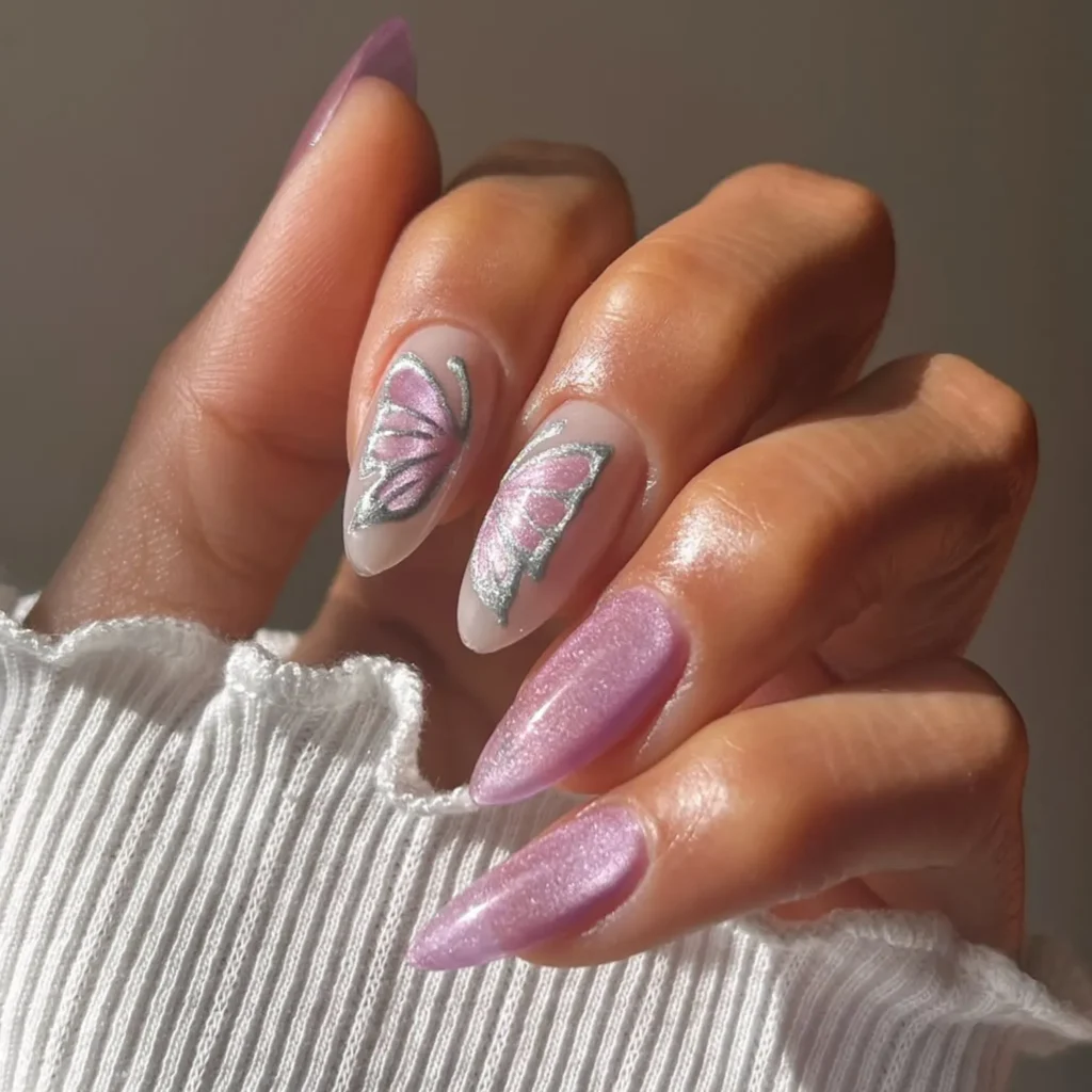 Lavender butterfly glass nails with shimmer for August 2026 nail trends