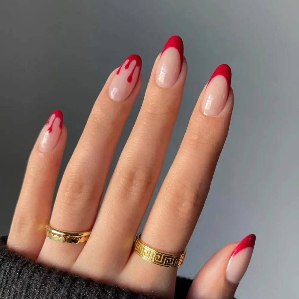 Red French Tip Almond Fake Halloween Nails
