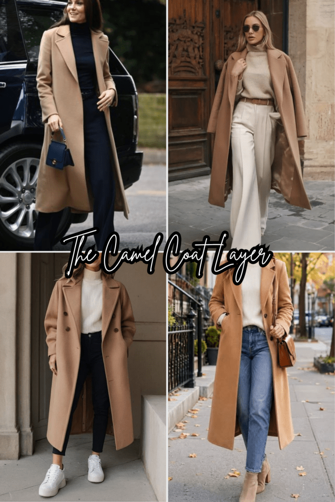 A camel coat over a neutral base is the fastest route into old money style.