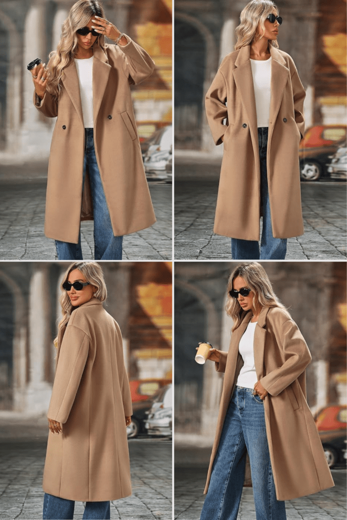 Women's Winter Wool Coat Double Breasted Long Sleeve Notch Lapel Oversized Long Peacoat