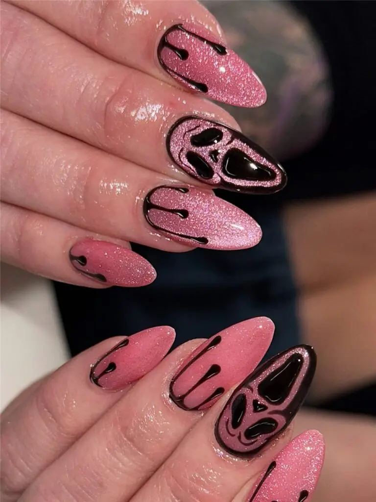 Coquette Horror—Pink Cat-Eye Halloween nail ideas 2026