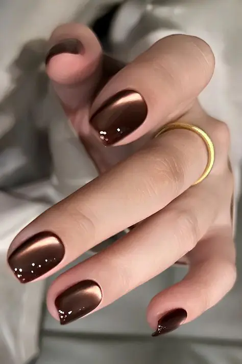Chocolate brown nails are pretty much the unofficial color of fall every single year, and 2026 is no exception. This shade works on almost every skin tone, from fair to deep, and pairs beautifully with gold jewelry, camel coats, and cozy knitwear.