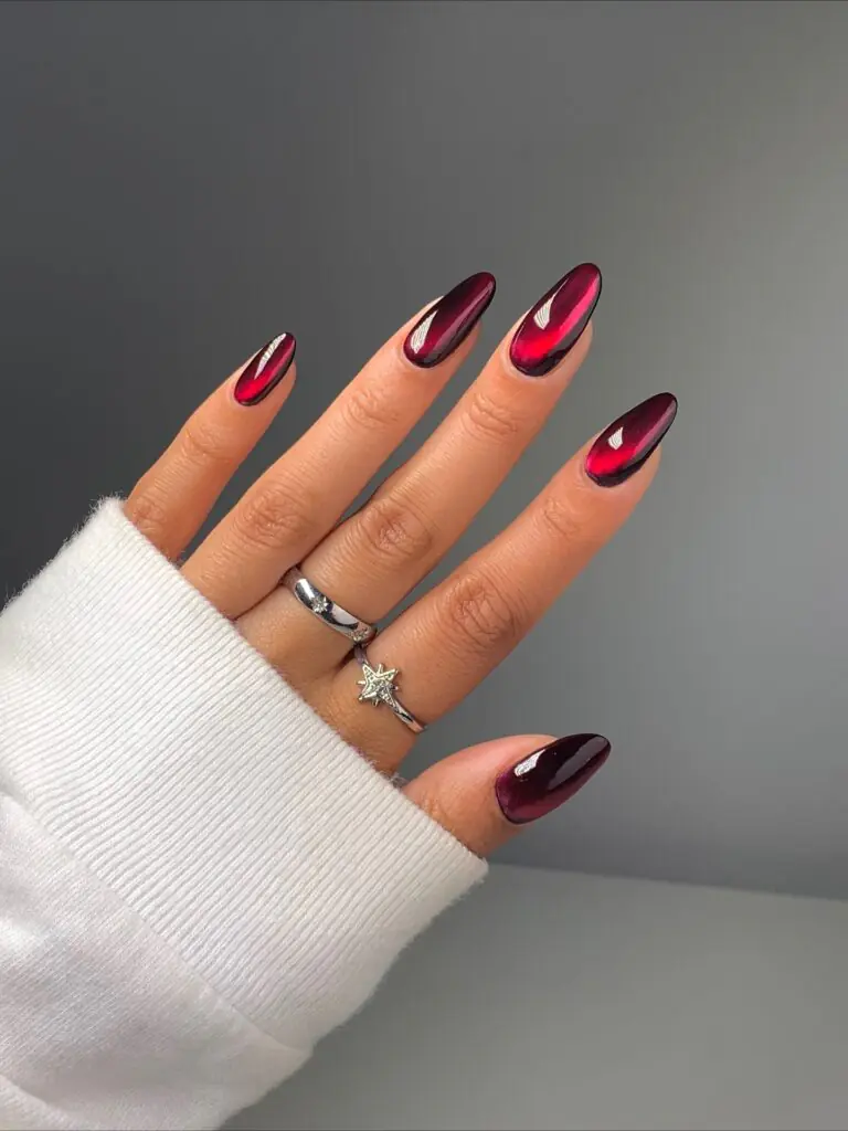Burgundy Chrome Cat Eye Halloween nail ideas 2026