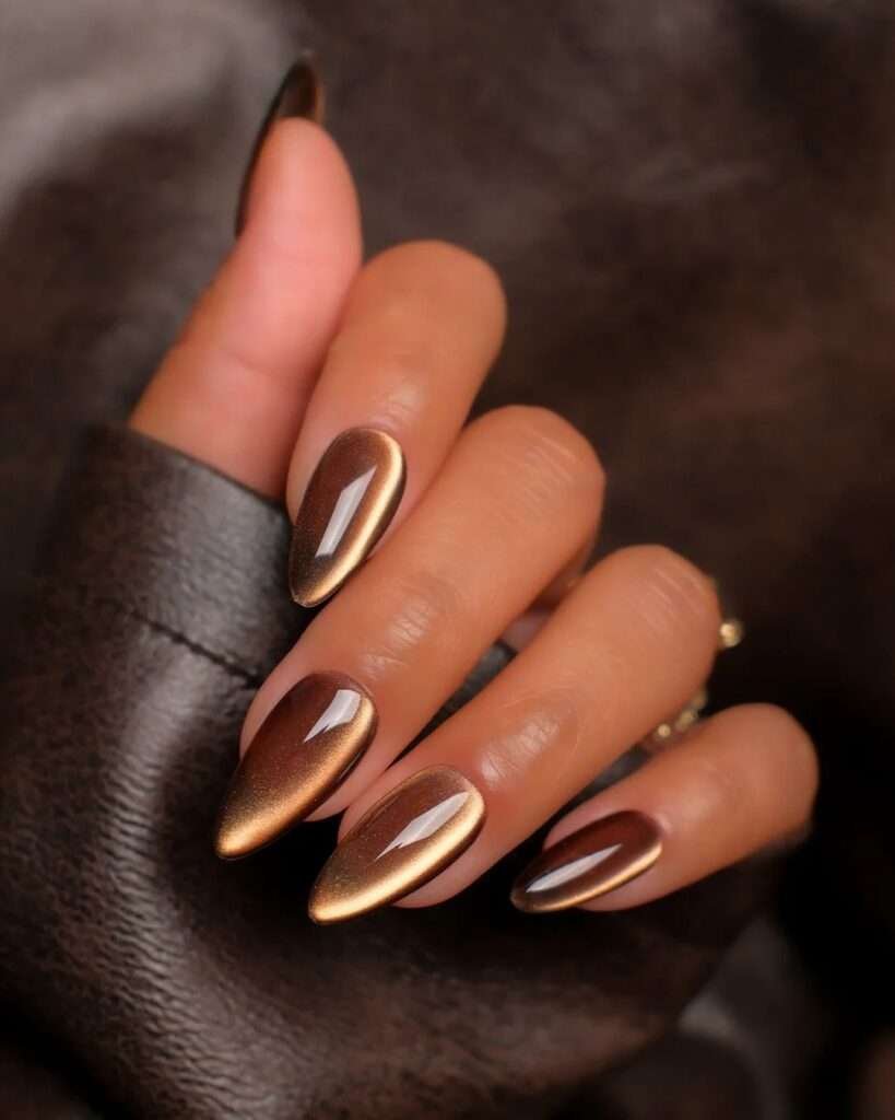 Golden caramel nails have that warm, glowy quality that looks amazing with a slight shimmer finish. It's a great option if you want something that still feels bright and warm as the days get shorter and everything else starts leaning darker.