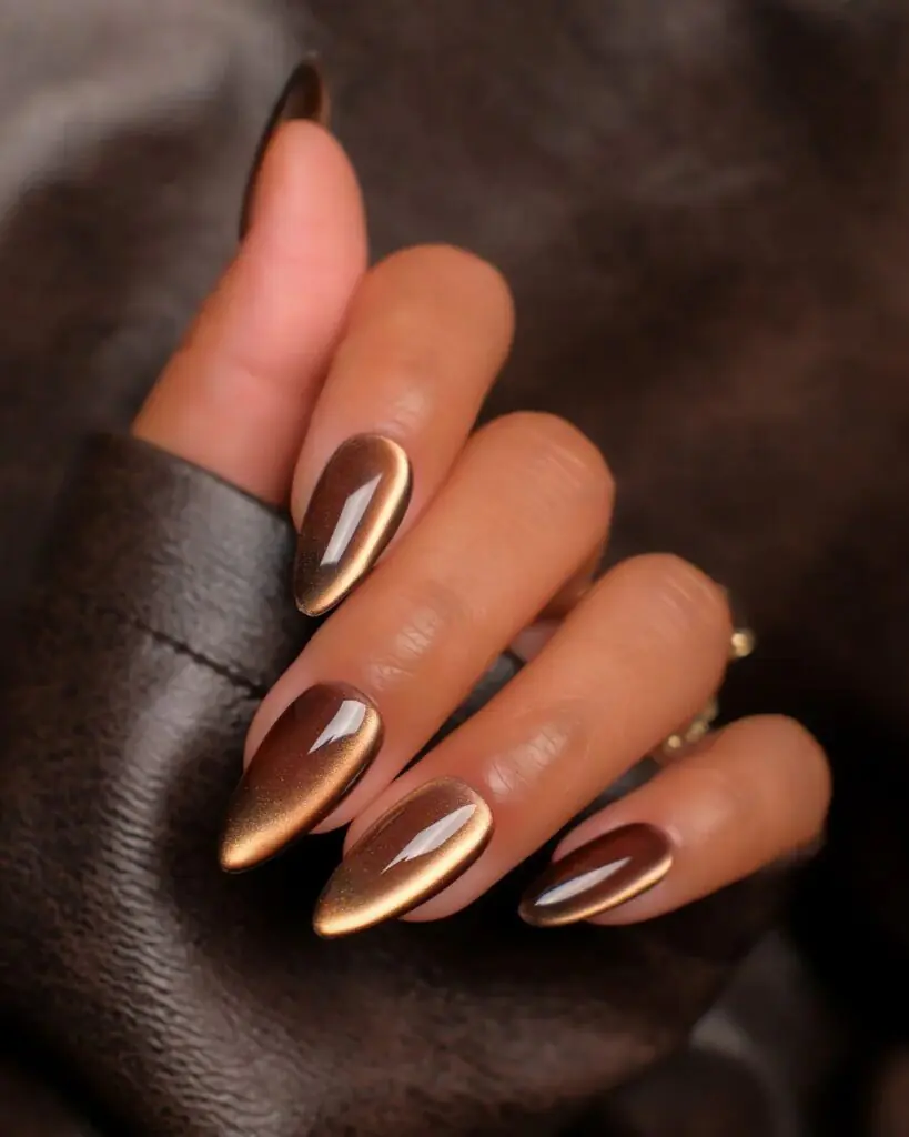 Golden caramel nails have that warm, glowy quality that looks amazing with a slight shimmer finish. It's a great option if you want something that still feels bright and warm as the days get shorter and everything else starts leaning darker.