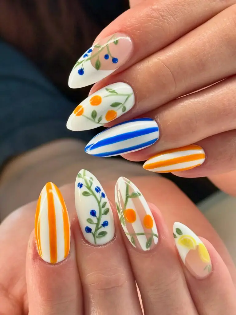 Perfect for an August 2026 nail trends feature, it flawlessly blends the bright energy of summer lemons and oranges with deeper, transitional berry tones.