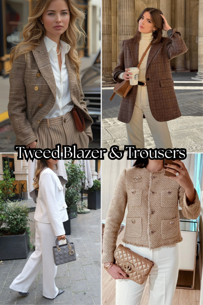 Women style in tweed blazer and trouser. Tweed adds texture without adding color noise.