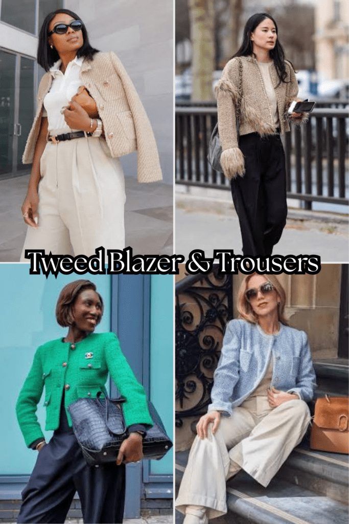Women style in tweed blazer and trouser. Tweed adds texture without adding color noise.