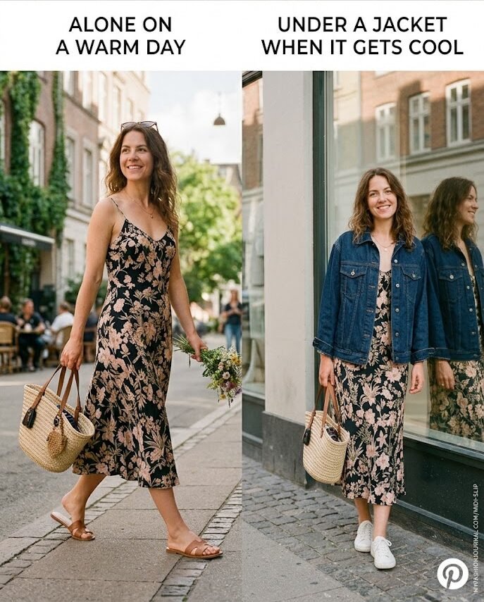 Midi slip dresses under a jacket when it gets cool