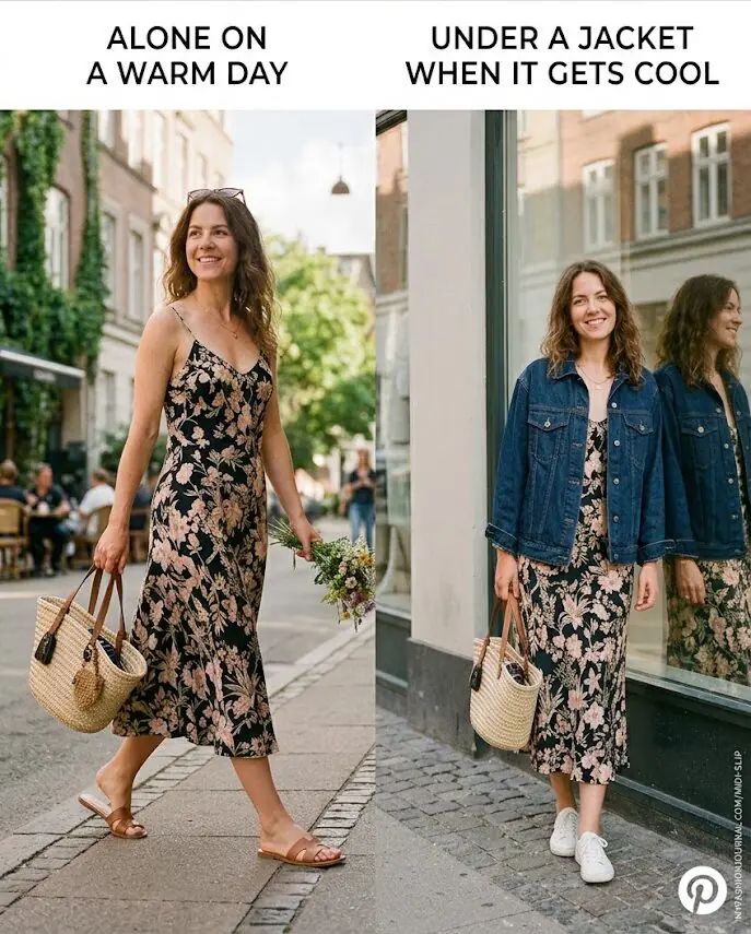 Midi slip dresses under a jacket when it gets cool