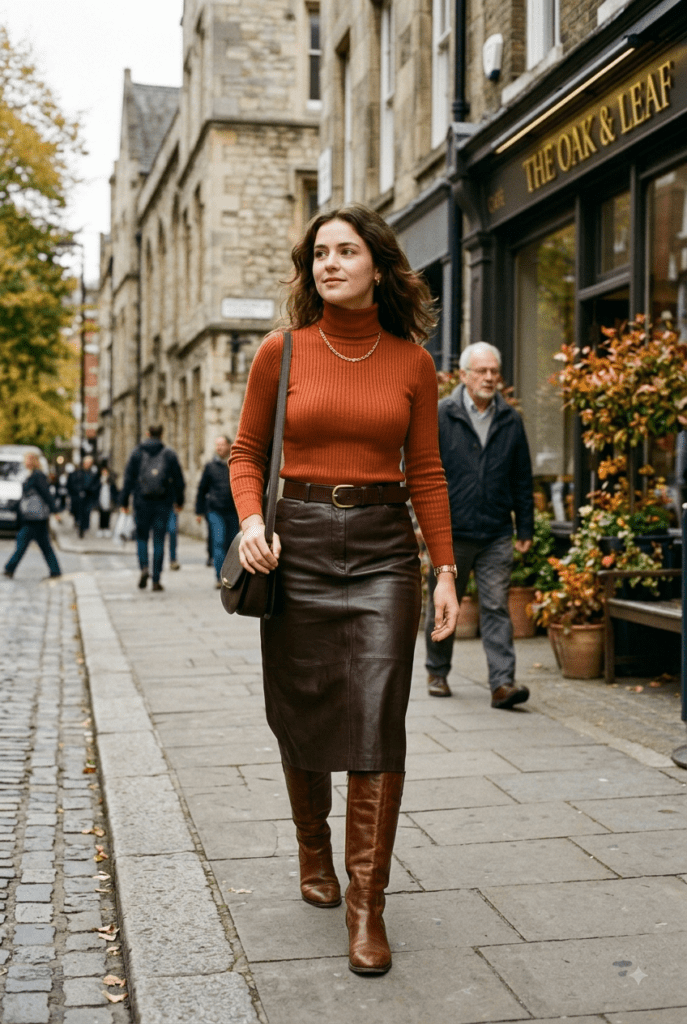 A rust-colored turtleneck sets the tone, since rust and burnt orange keep showing up as one of the defining colors in fall 2026 fashion trends. A brown leather midi skirt adds a bit of edge, and tall knee boots plus a camel scarf keep it warm enough for the actual weather. Think of it as a template rather than a copy-exactly outfit, one you can build with pieces you likely already own.