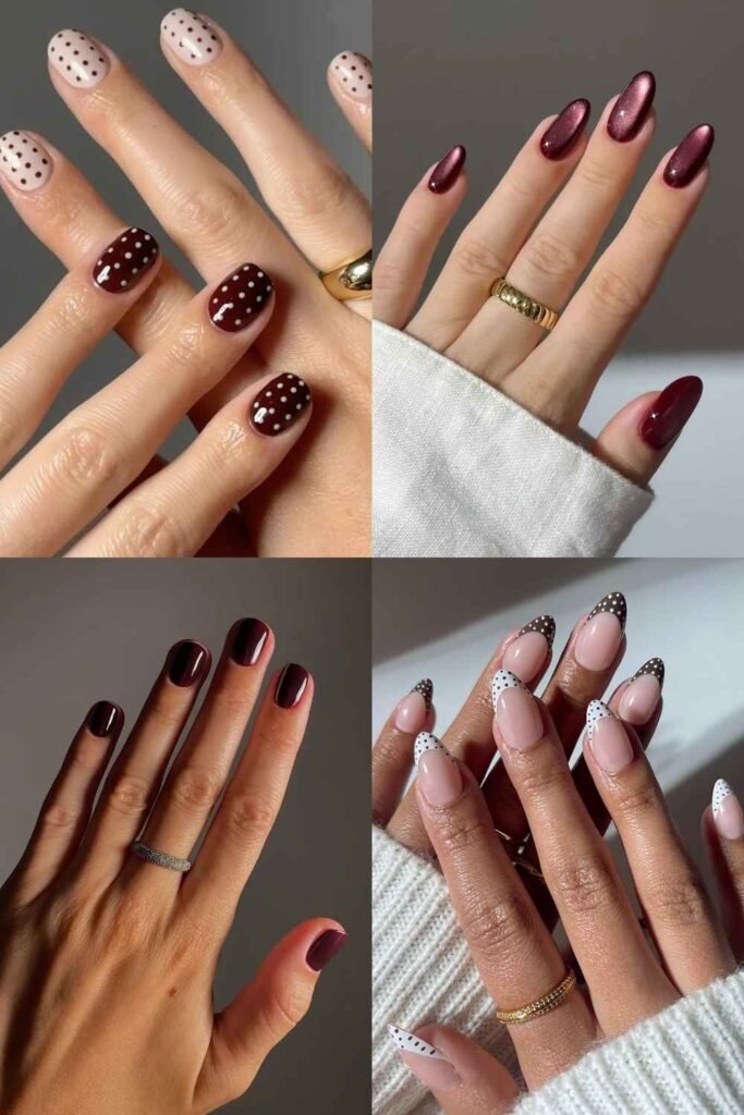 September nail ideas 2026 featuring burgundy, polka dot, glossy and French tip manicures