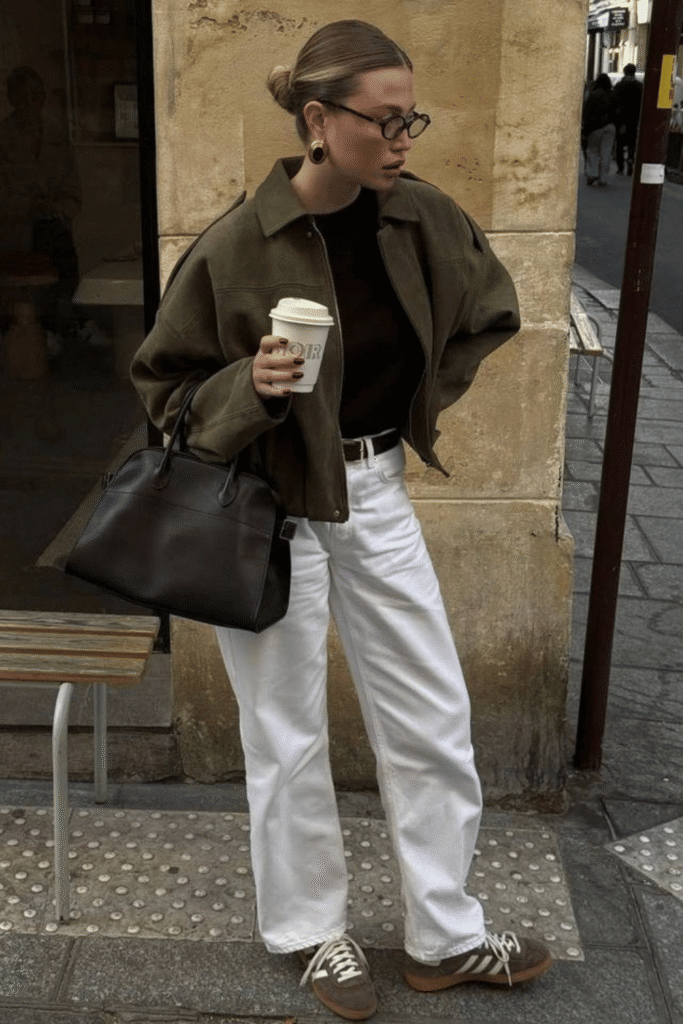 Woman in an olive suede jacket and white straight-leg jeans standing against a stone wall
