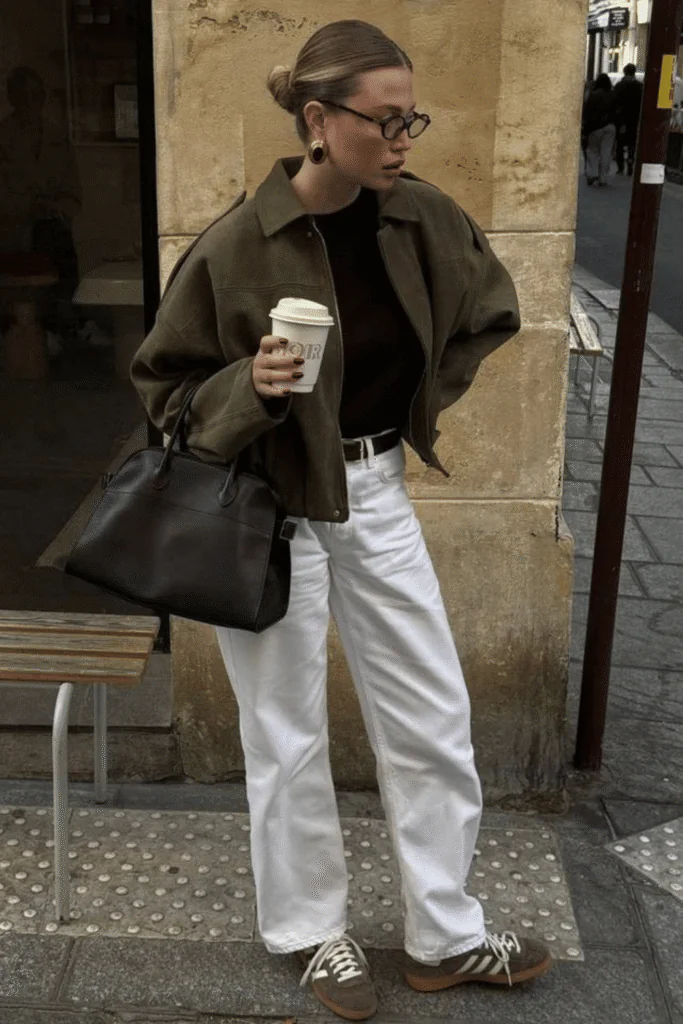 Woman in an olive suede jacket and white straight-leg jeans standing against a stone wall