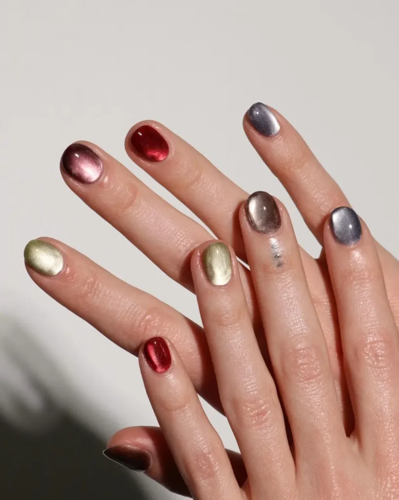 Short round nails each painted a different metallic cat-eye color, including mauve, red, silver, olive, taupe, and blue-gray.