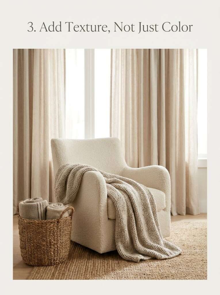 Neutral room with textured cushions, knitted throw, rug, and woven basket