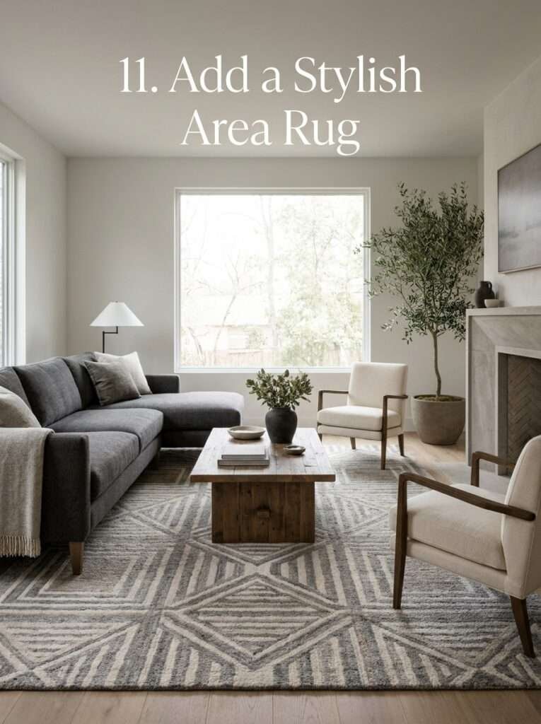 Stylish living room with large area rug connecting sofa and chairs