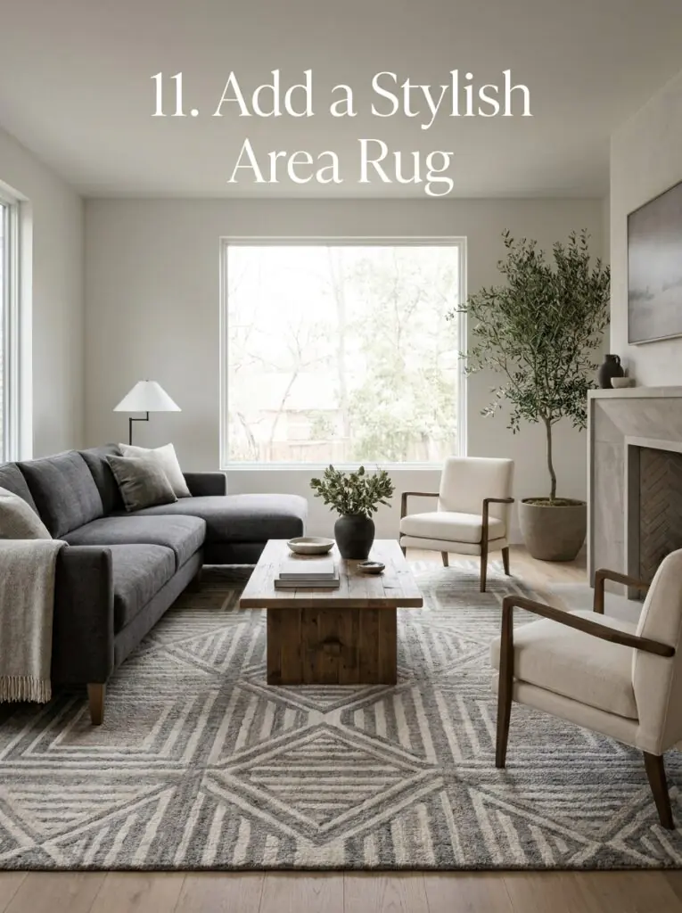 Stylish living room with large area rug connecting sofa and chairs