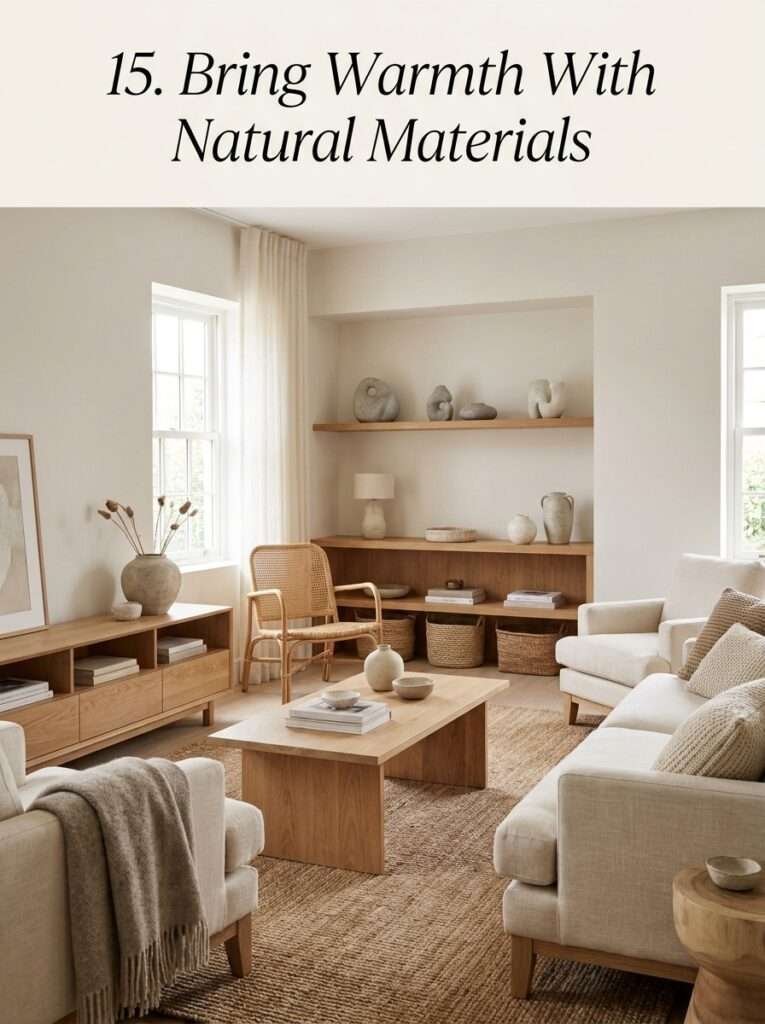 Warm home interior with wood, rattan, linen, and woven decor