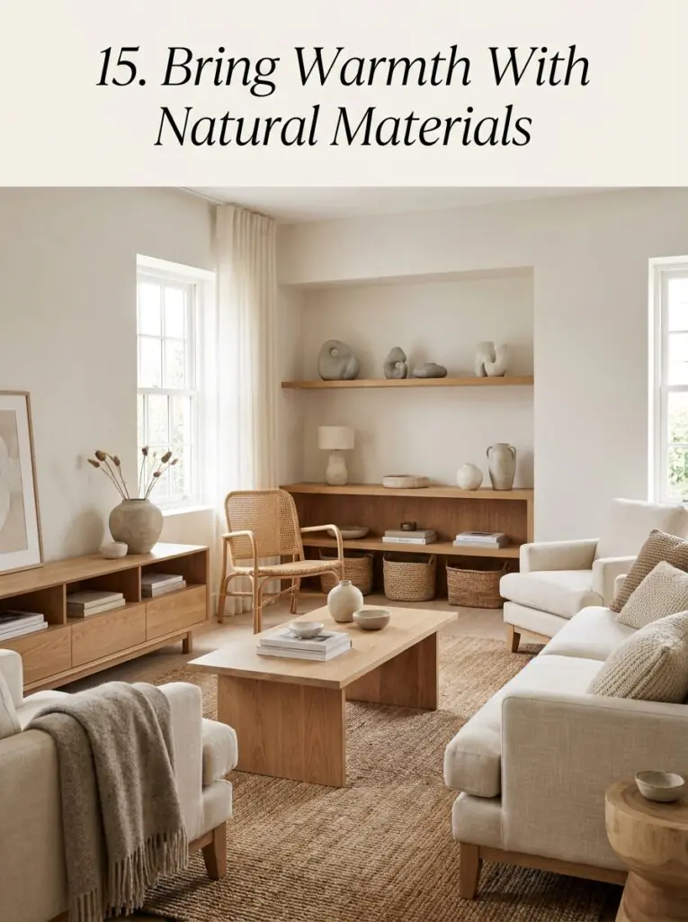 Warm home interior with wood, rattan, linen, and woven decor