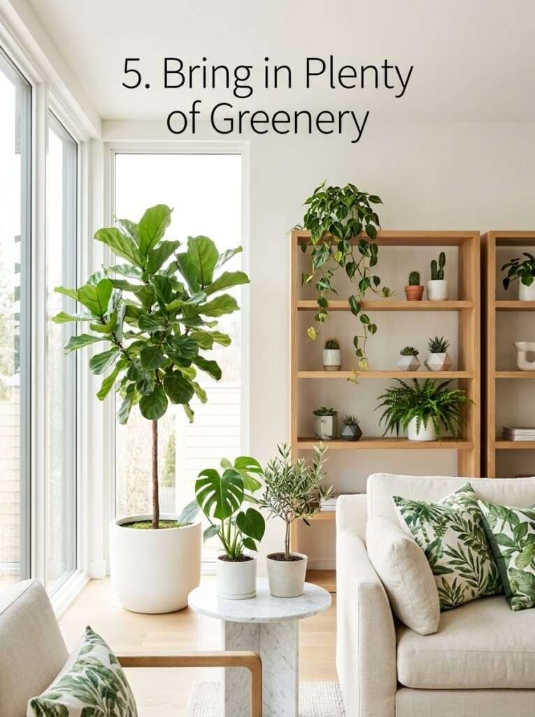 Stylish living room decorated with indoor plants and greenery