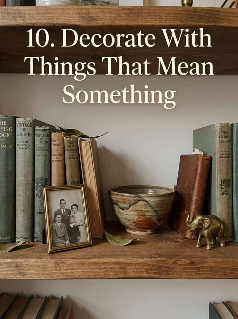 Open shelves decorated with books, plants, artwork, and ceramic accessories