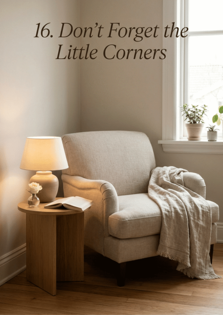 Cozy home reading nook with comfortable chair, lamp, books, and throw