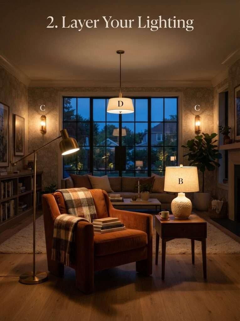 Cozy living room with layered lighting from lamps and ceiling lights