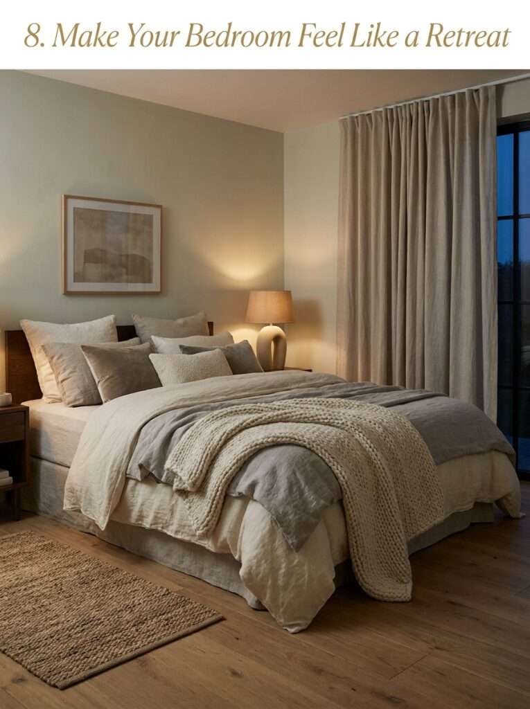 Cozy sofa with layered cushions and soft throw in a stylish living room