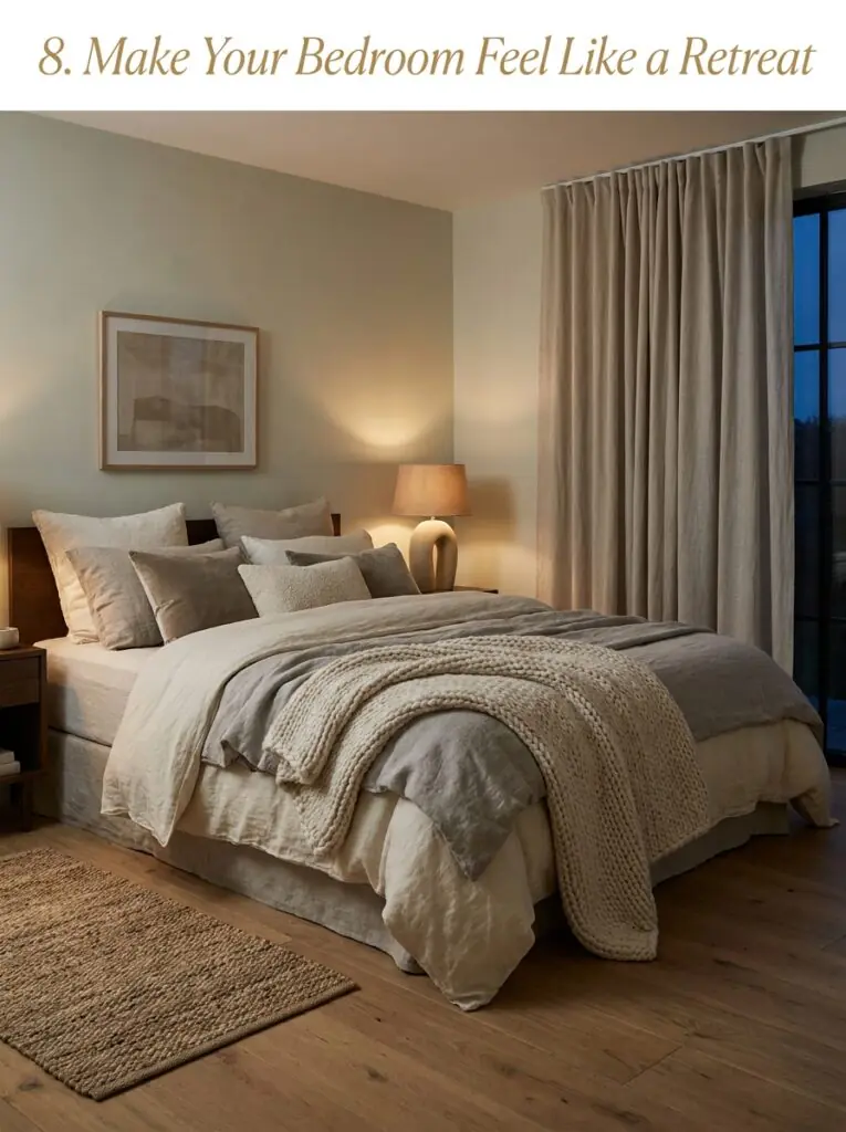 Cozy sofa with layered cushions and soft throw in a stylish living room
