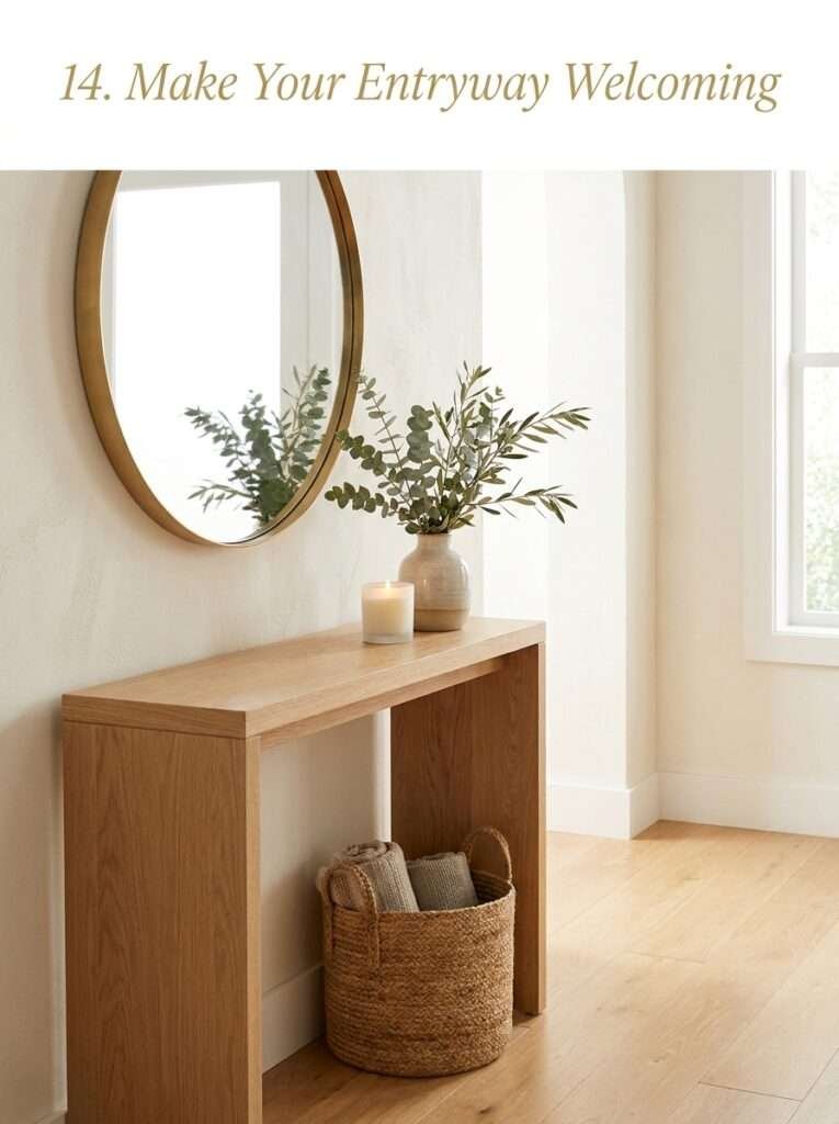 Welcoming entryway with console table, mirror, lamp, and decor