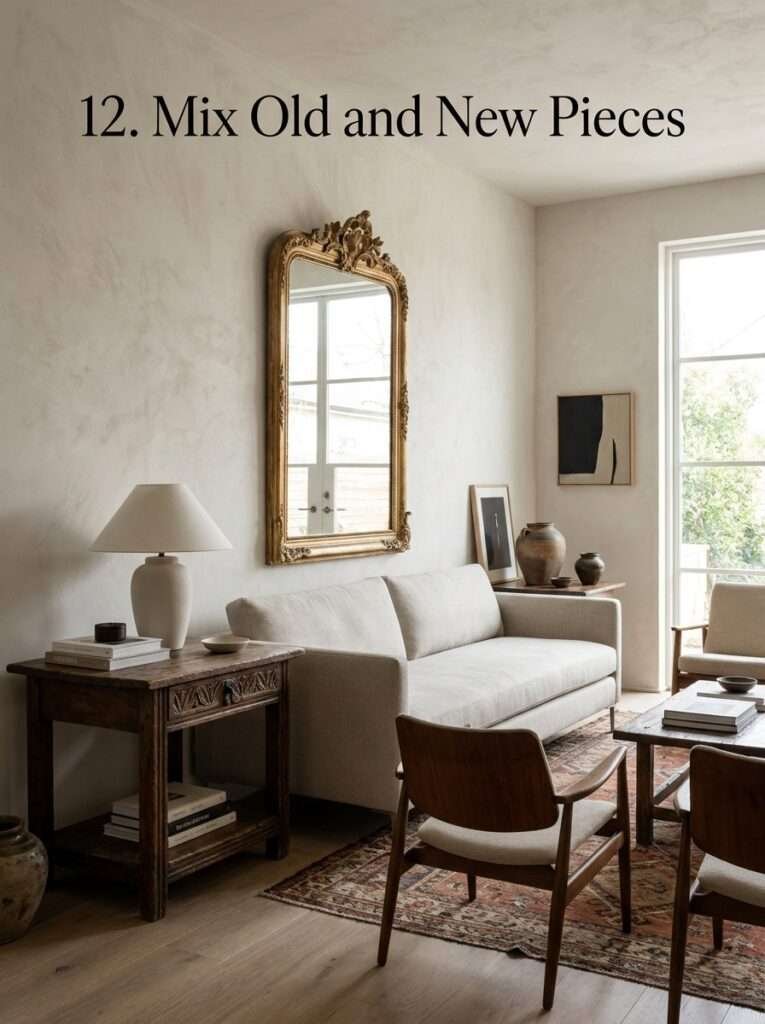 Modern living room combining contemporary furniture with vintage decor