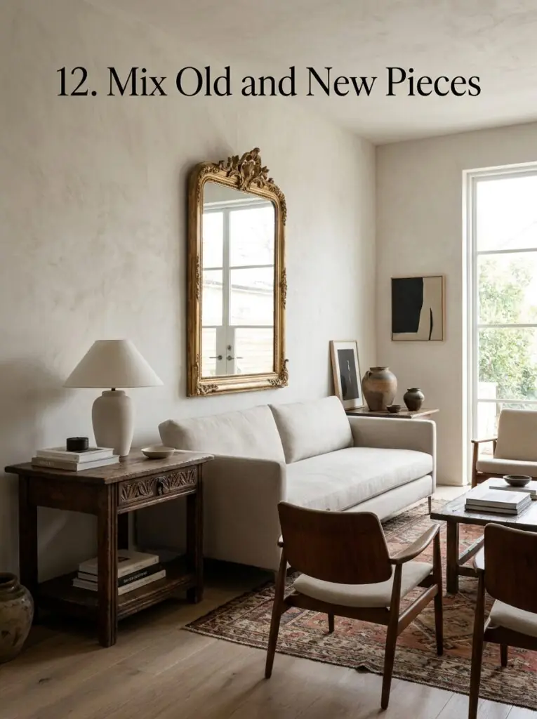 Modern living room combining contemporary furniture with vintage decor