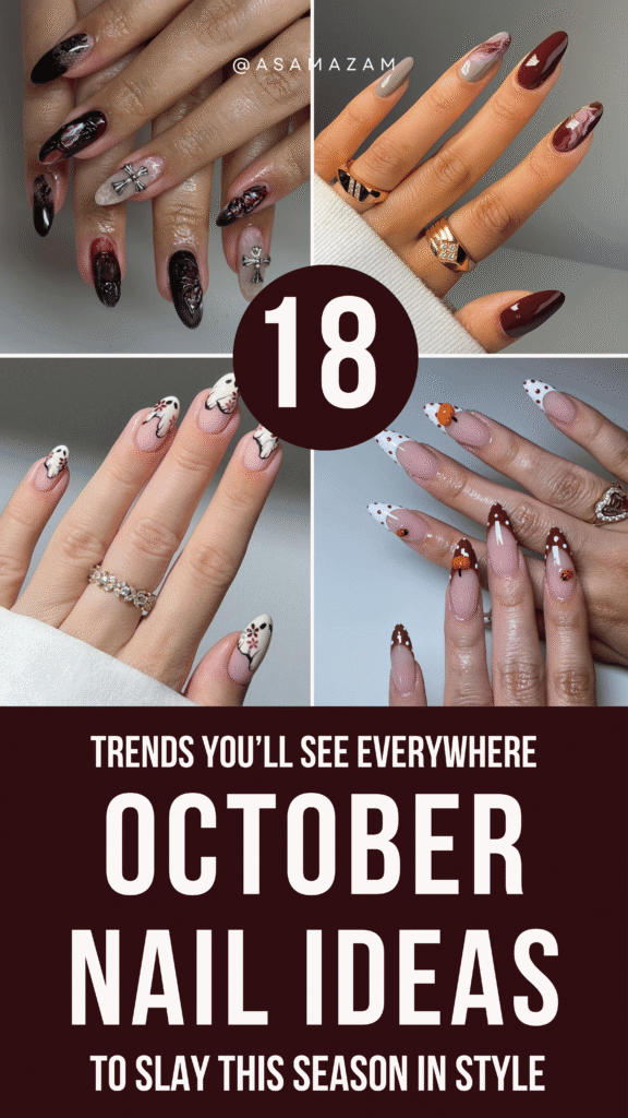 October Nail Ideas 2026. I put together this collection of 18 October nail ideas. Some are playful Halloween nails with tiny ghosts and bats. Others are softer: mocha aura, black cherry chrome, burgundy French tips, and copper leaves that will carry you comfortably through the whole of fall.