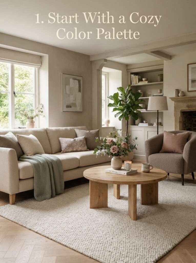 Cozy neutral living room with cream, beige, and warm brown home decor