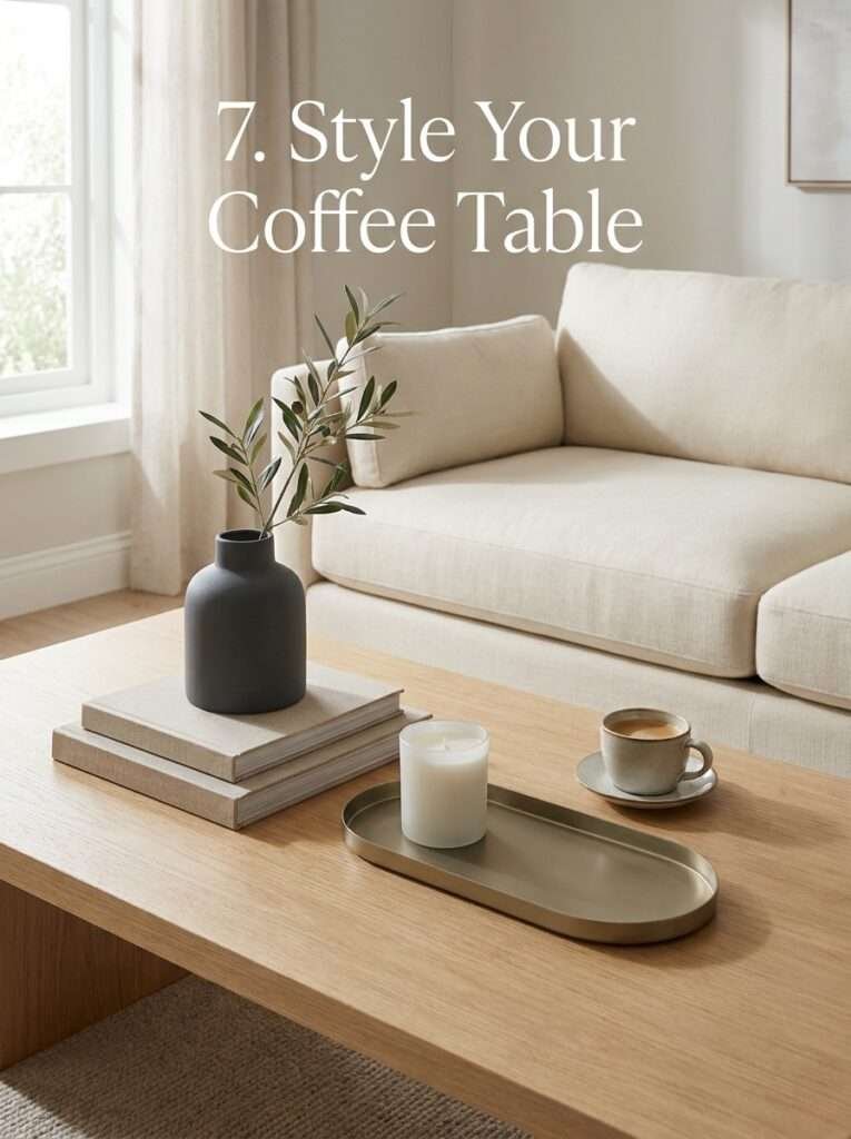 Styled coffee table with books, candle, vase, and decorative tray