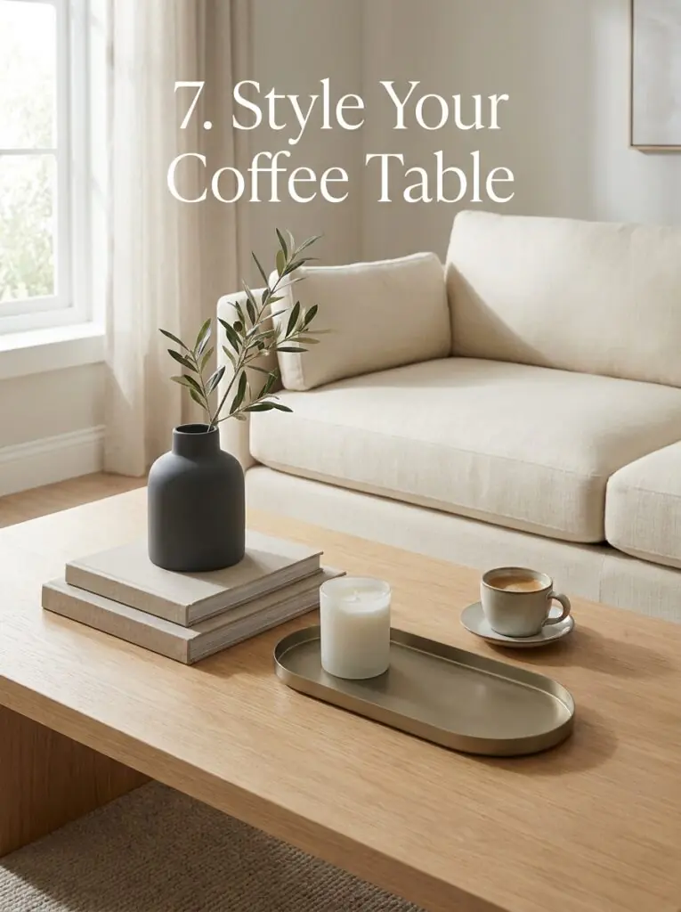 Styled coffee table with books, candle, vase, and decorative tray