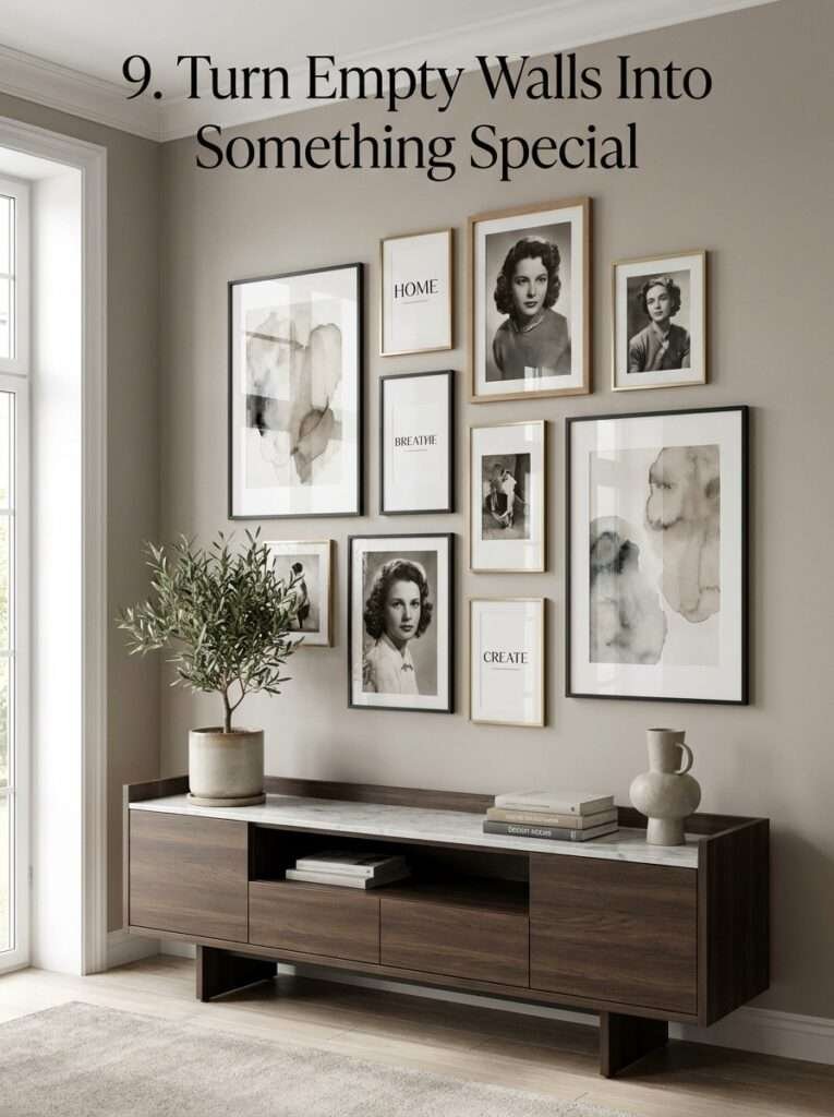 Living room wall decorated with framed artwork and gallery wall arrangement