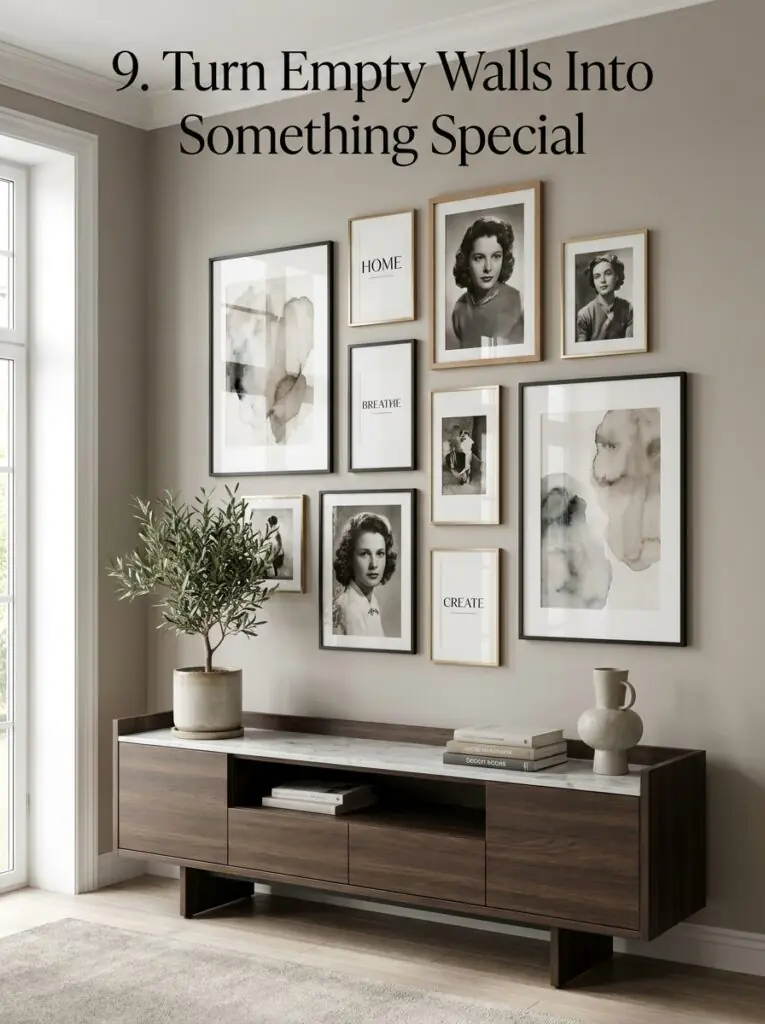 Living room wall decorated with framed artwork and gallery wall arrangement