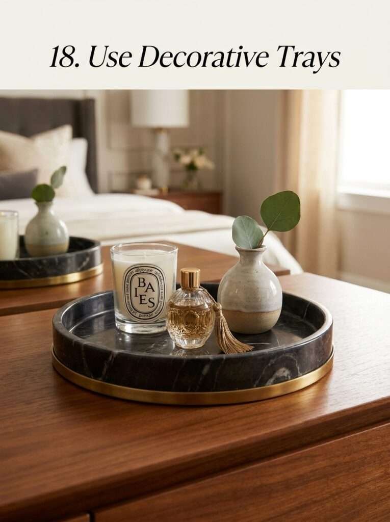 Decorative tray styled with candle, vase, books, and small accessories
