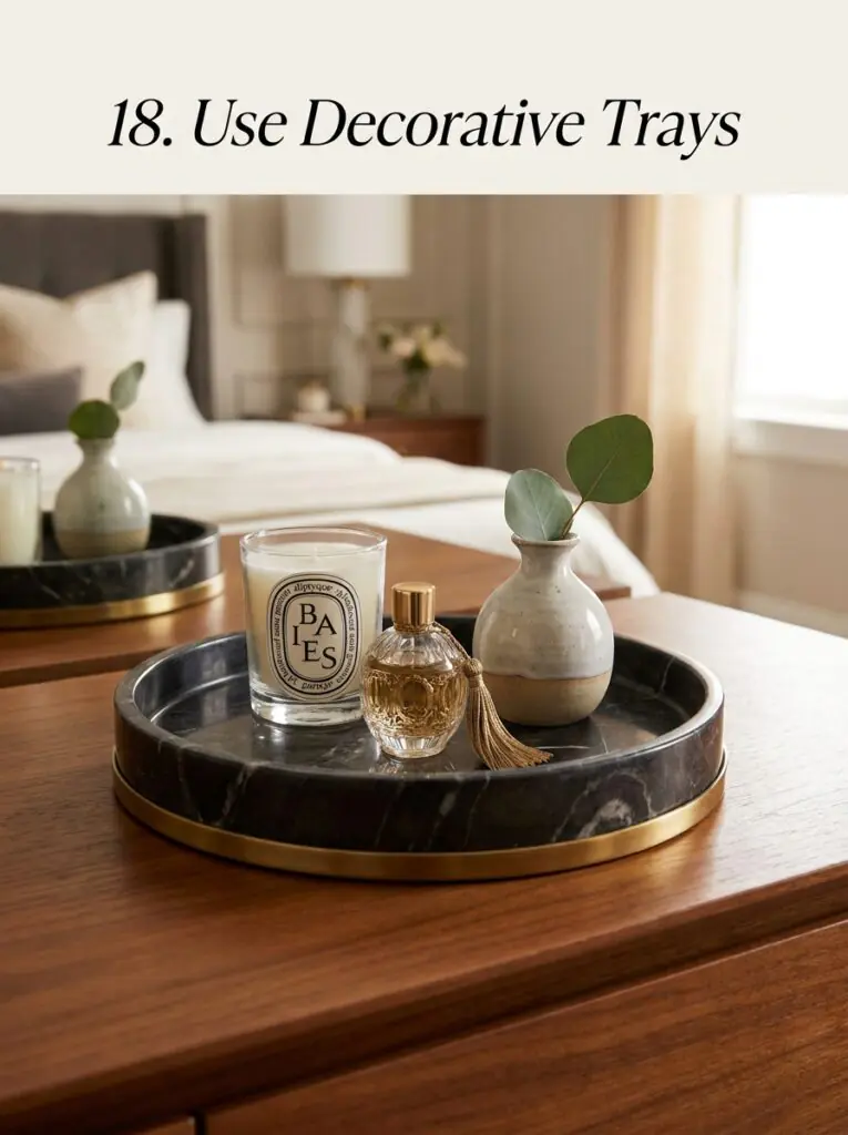 Decorative tray styled with candle, vase, books, and small accessories