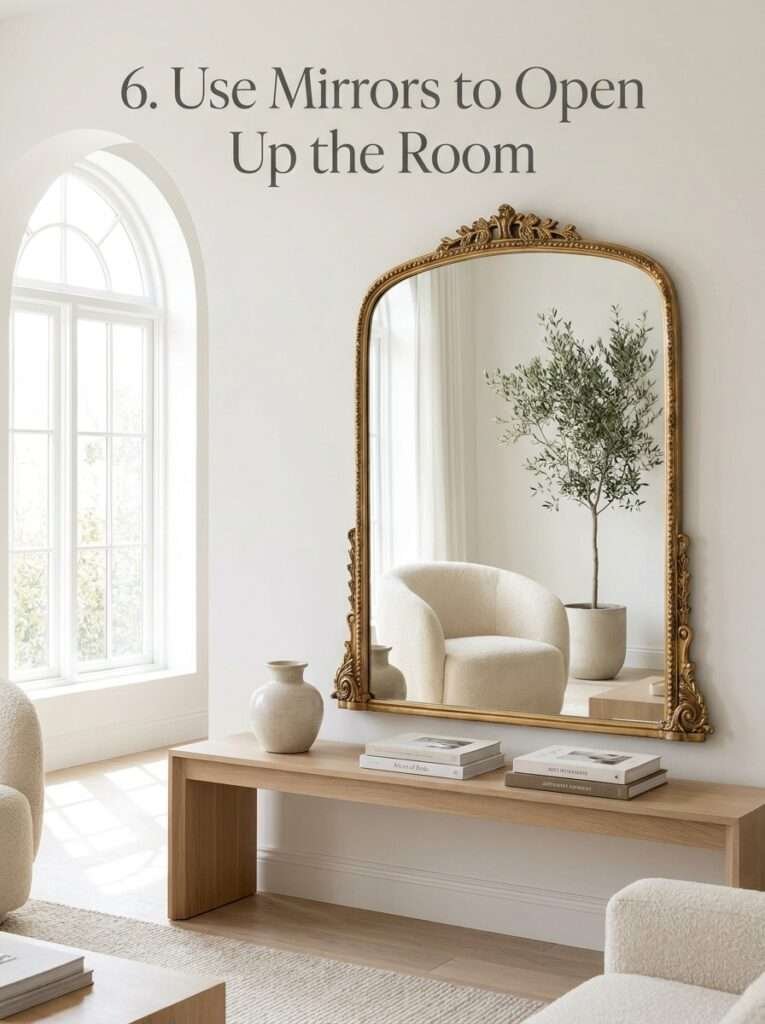 Elegant living room with large decorative mirror above console table