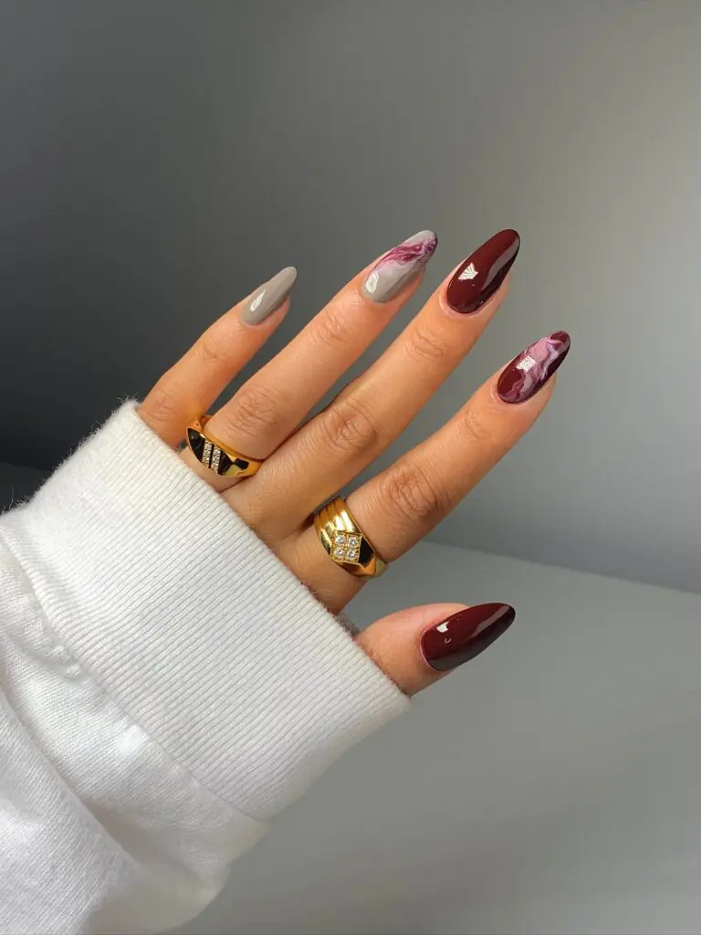 Brown nails are having their best season, and this mocha aura look shows why. The diffused cocoa center gives the manicure depth, while the darker tips outline the almond shape without making it feel heavy. If you are saving fall nail ideas on Pinterest, this is the one I would bookmark for everyday wear.