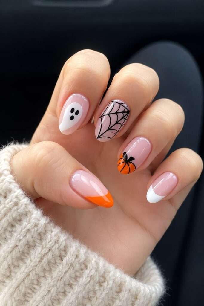 A tiny ghost, a crisp black web, one miniature pumpkin, and a bright orange tip sit over sheer pink polish in this mix-and-match set. It feels cute and unmistakably October, but it is light enough to wear before and after Halloween night.