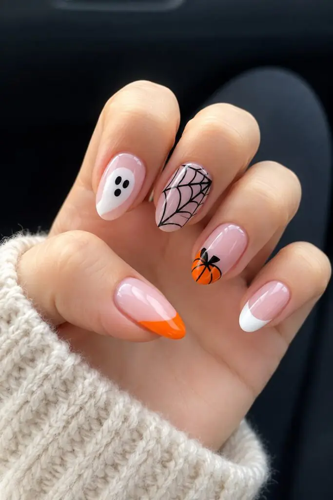 A tiny ghost, a crisp black web, one miniature pumpkin, and a bright orange tip sit over sheer pink polish in this mix-and-match set. It feels cute and unmistakably October, but it is light enough to wear before and after Halloween night.