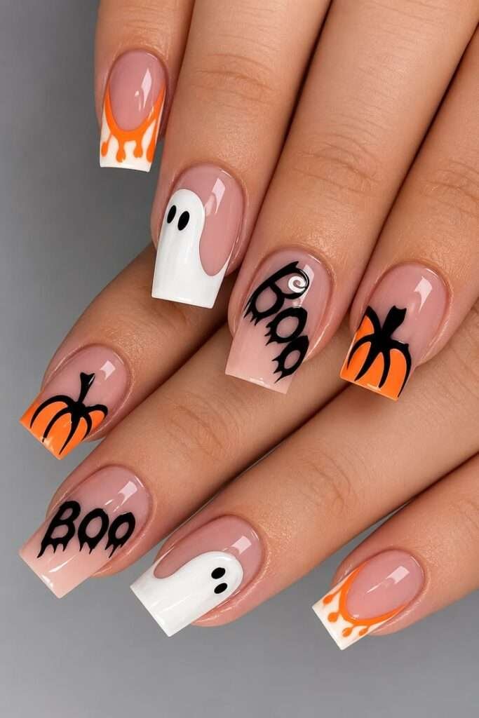 Bright pumpkins, white ghosts, playful black lettering, and drippy orange French edges make this one feel like Halloween doodles brought to life. The sheer pink background keeps the set bright rather than heavy, even with several different ideas happening at once.