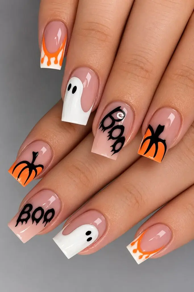 Bright pumpkins, white ghosts, playful black lettering, and drippy orange French edges make this one feel like Halloween doodles brought to life. The sheer pink background keeps the set bright rather than heavy, even with several different ideas happening at once.